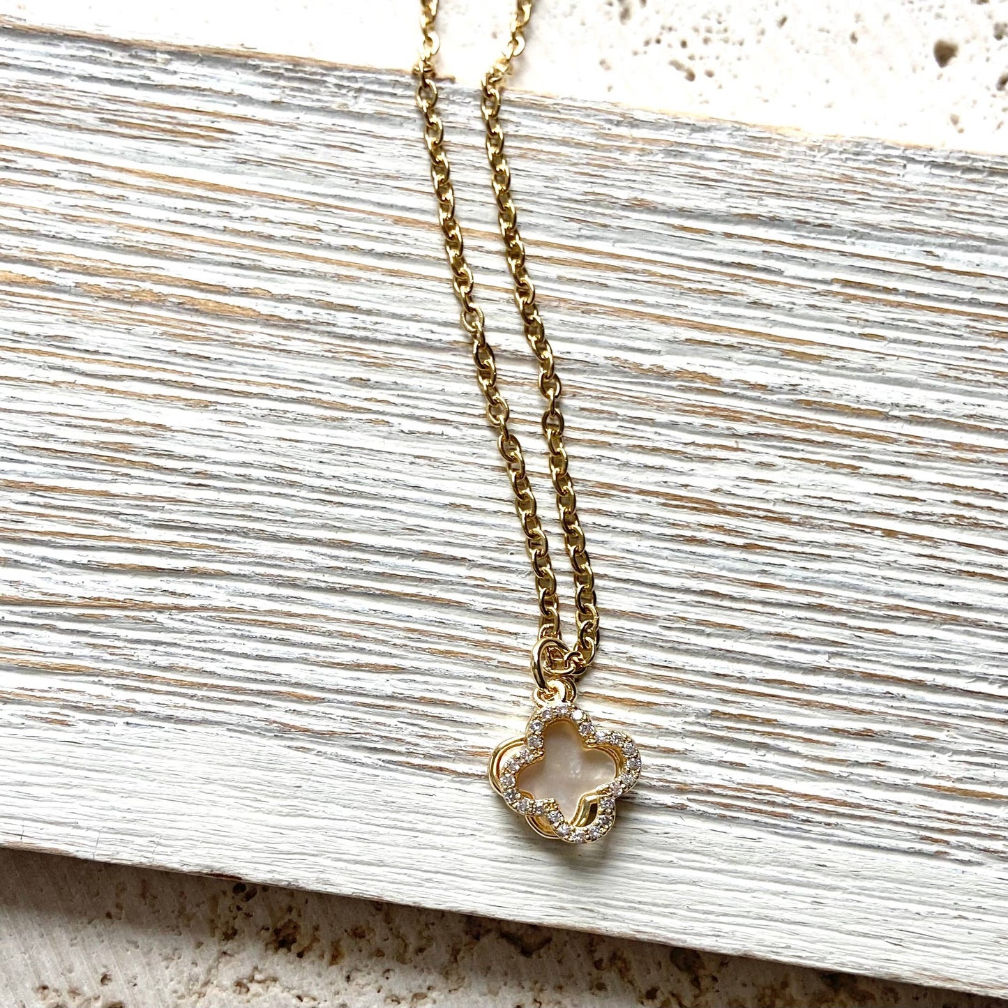 VB&CO Designs Handmade Jewelry - Clover charm necklace charm with motion shell crystal: 18”