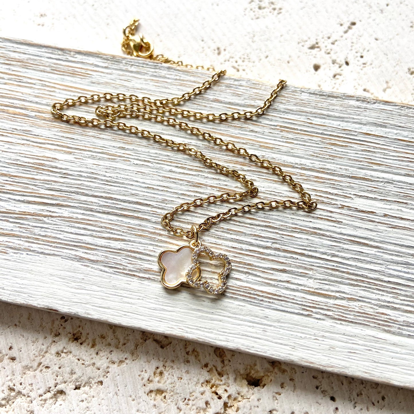 VB&CO Designs Handmade Jewelry - Clover charm necklace charm with motion shell crystal: 18”