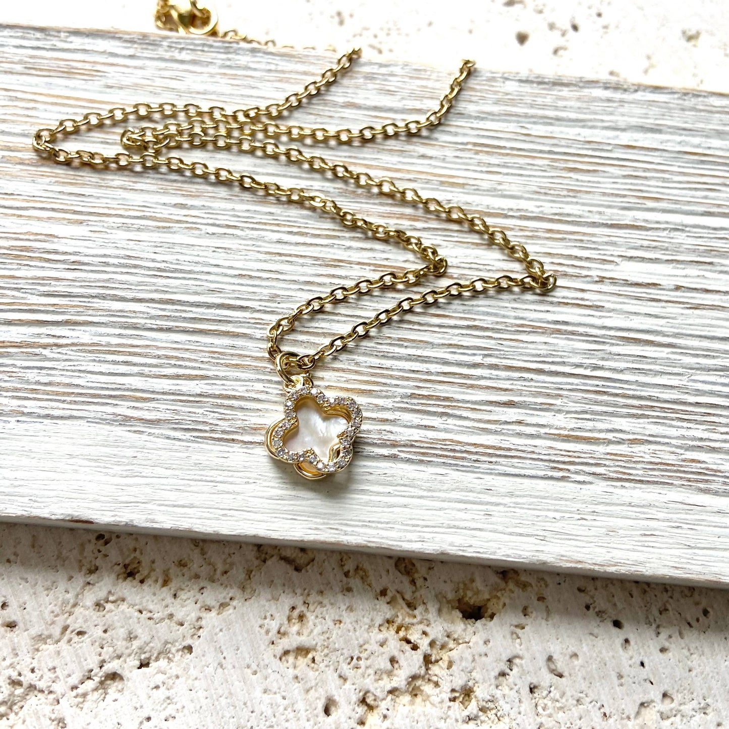 VB&CO Designs Handmade Jewelry - Clover charm necklace charm with motion shell crystal: 18”