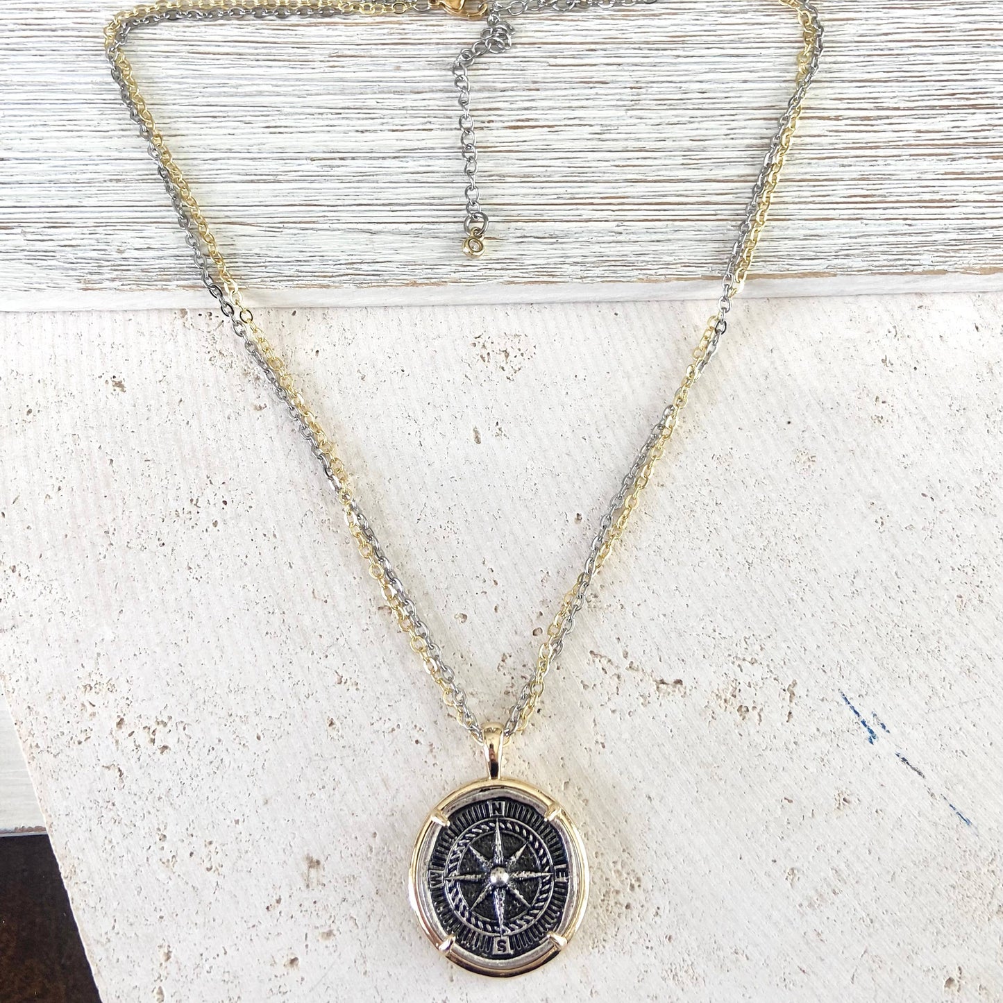 VB&CO Designs Handmade Jewelry - Compass coin necklace travel souvenir non tarnishing jewelry