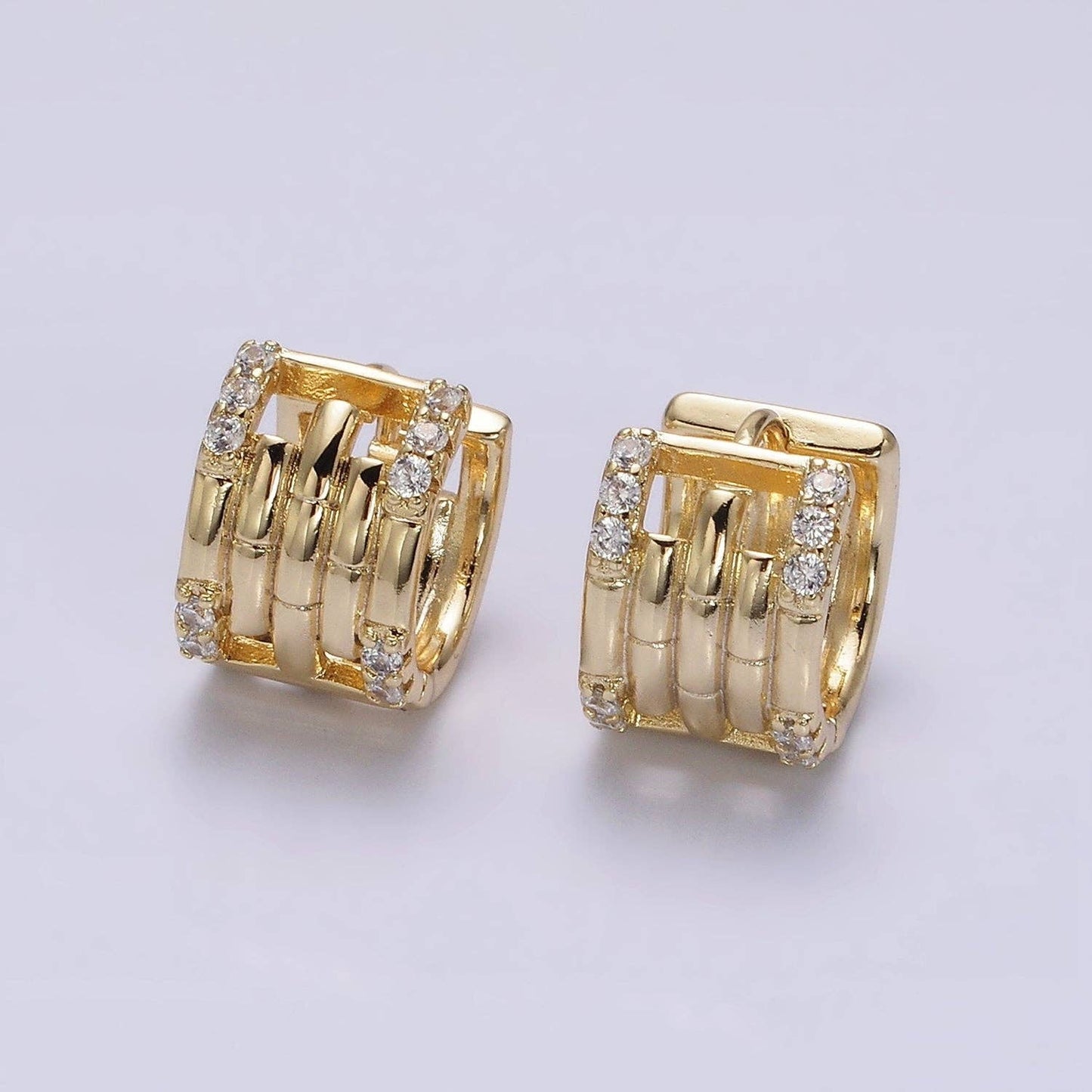 CZ Lined Multiple Band Bamboo Hoop Huggie Earrings 75.00