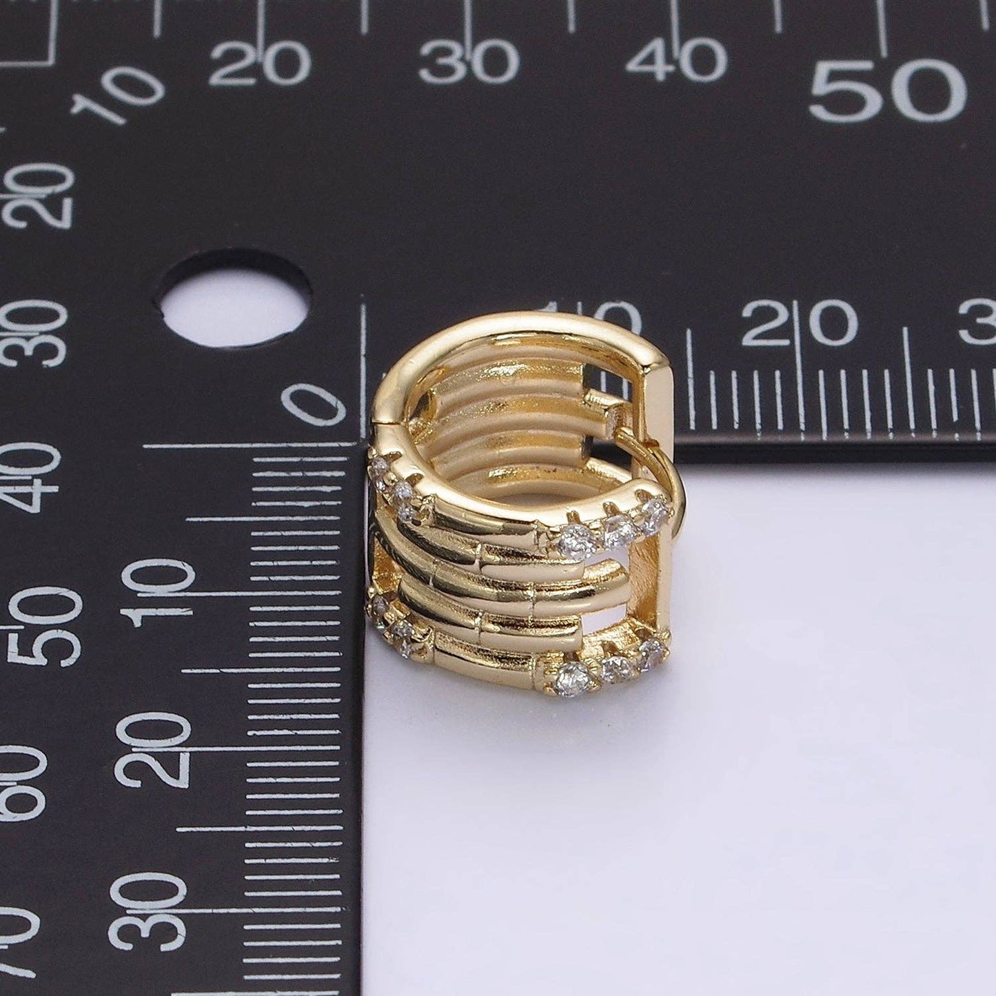 CZ Lined Multiple Band Bamboo Hoop Huggie Earrings 75.00