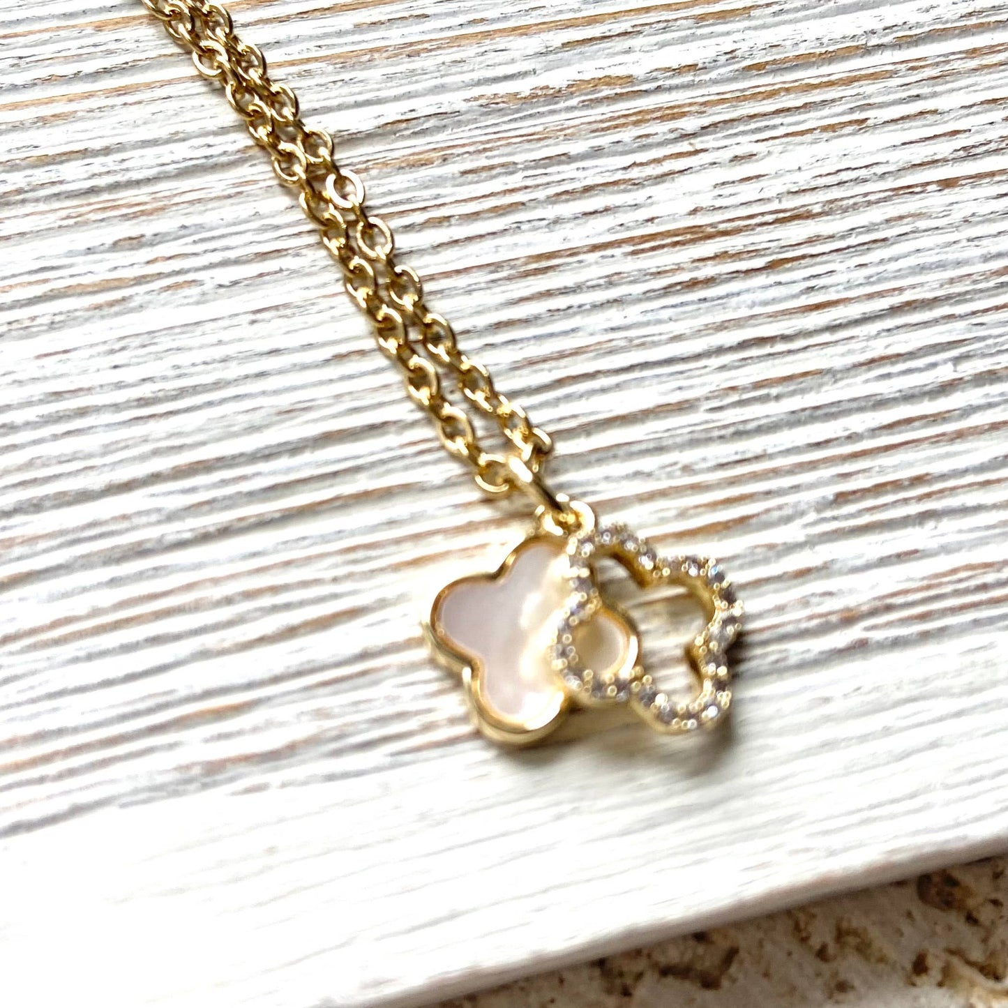 VB&CO Designs Handmade Jewelry - Clover charm necklace charm with motion shell crystal: 18”