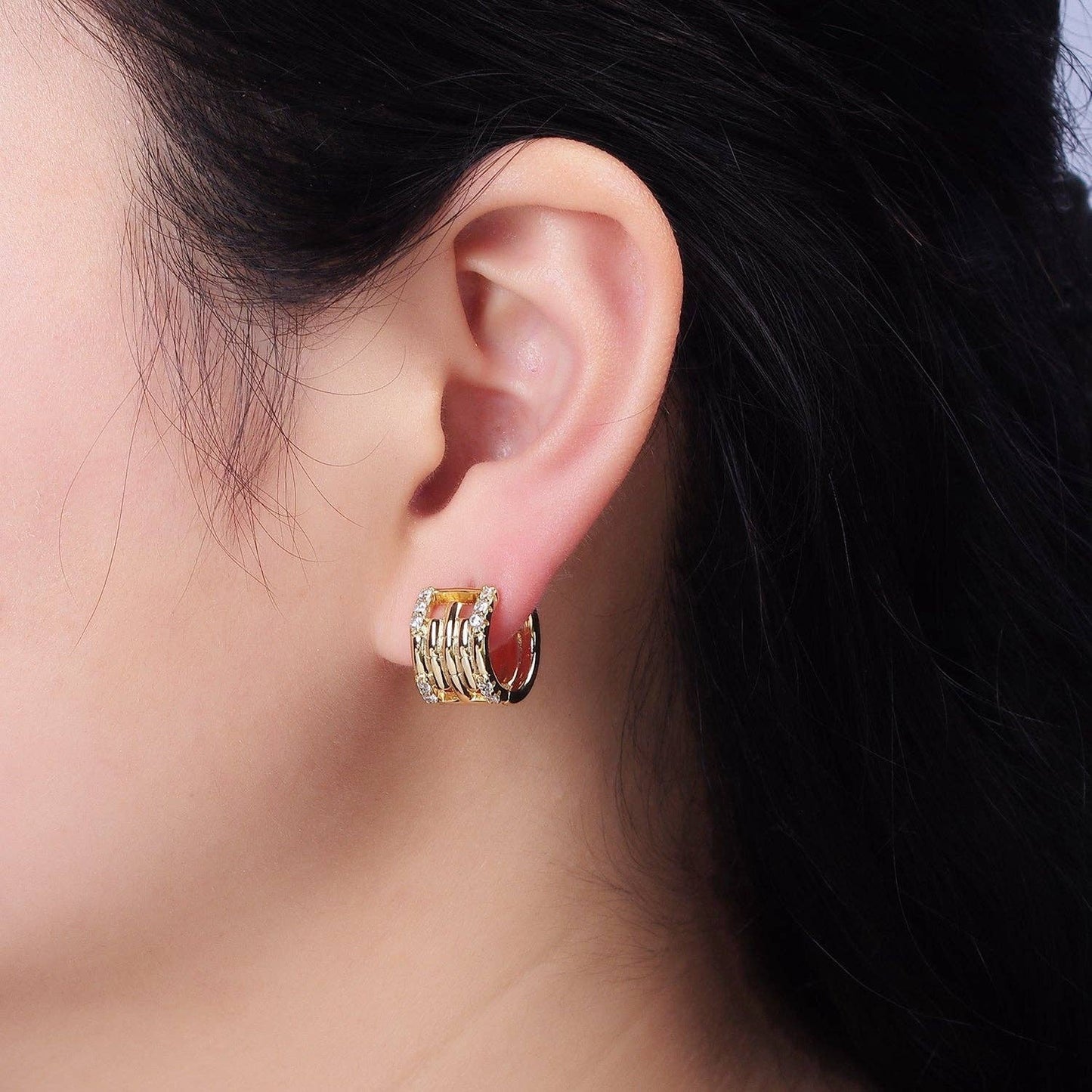 CZ Lined Multiple Band Bamboo Hoop Huggie Earrings 75.00