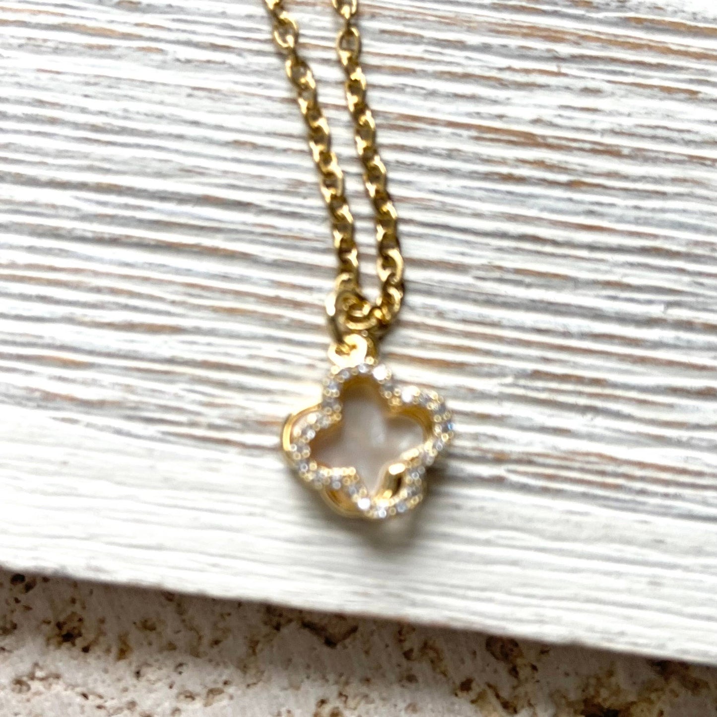 VB&CO Designs Handmade Jewelry - Clover charm necklace charm with motion shell crystal: 18”
