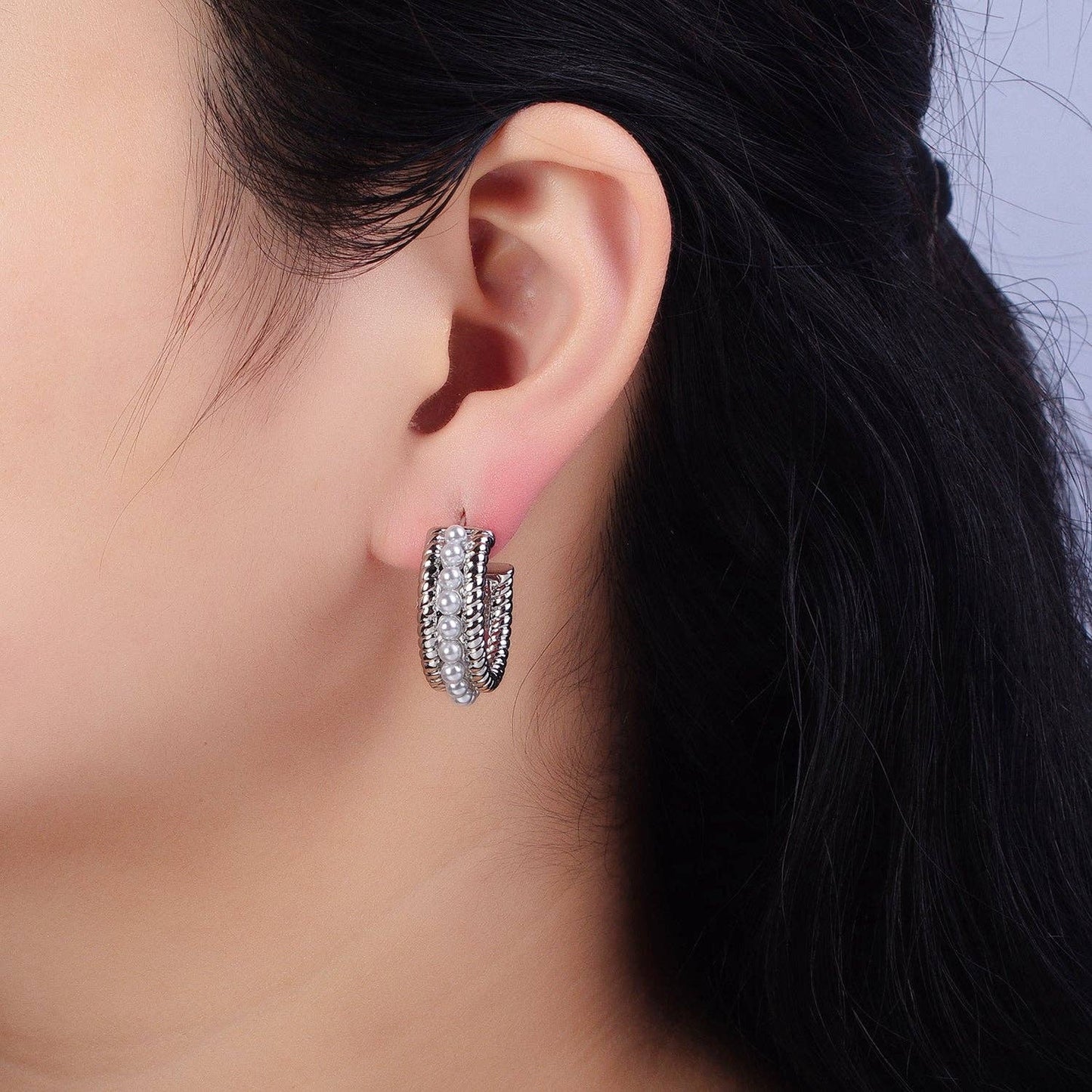 Pearl Lined Double Croissant Twist Wide C-Shaped Hoops 90.00