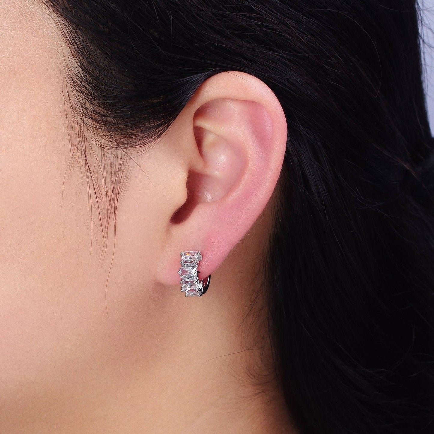 CZ Baguette Lined Hoop Huggie Earrings 65.00