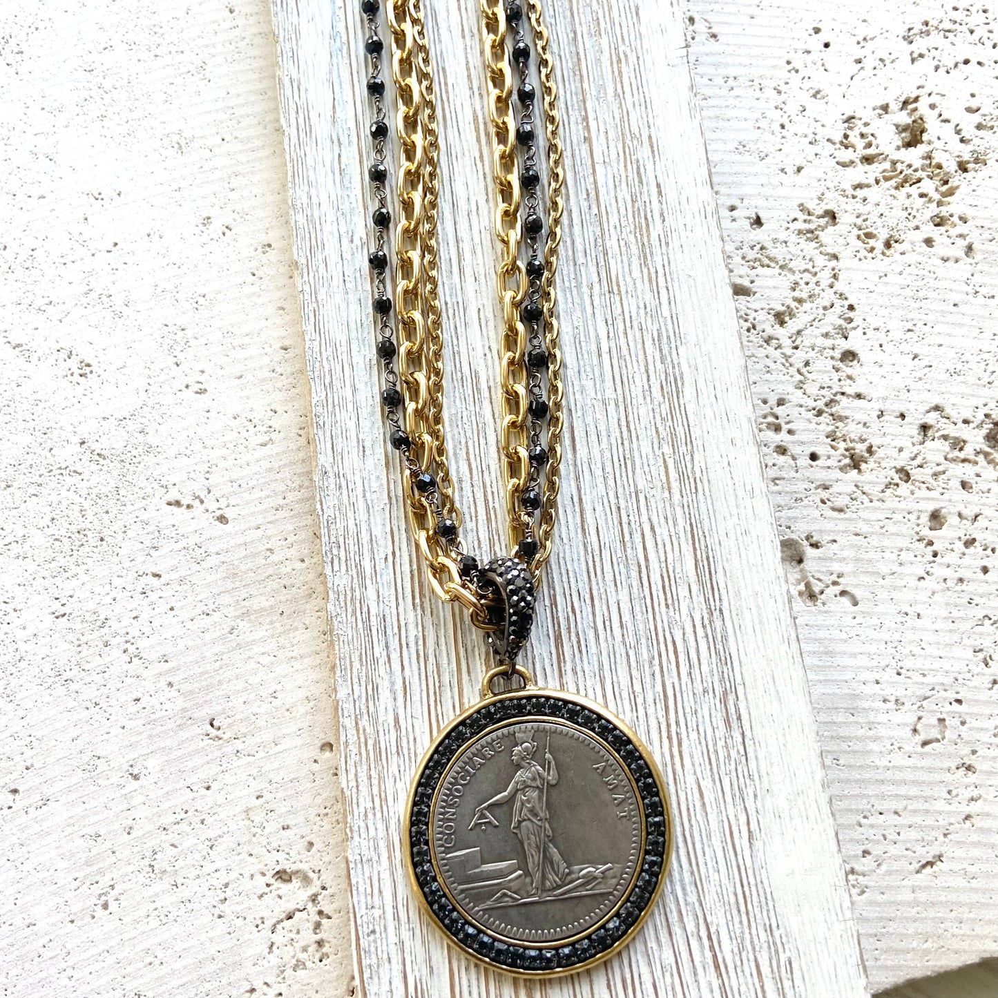 VB&CO Designs Handmade Jewelry - French revolutionary coin necklace with black spinel