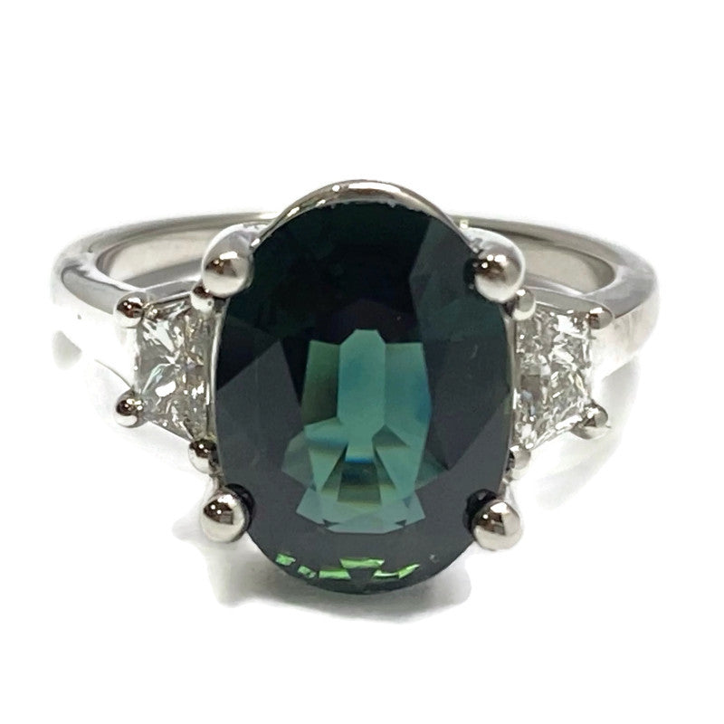 Oval Blue-Green Sapphire and Diamond Platinum Ring 15000.00