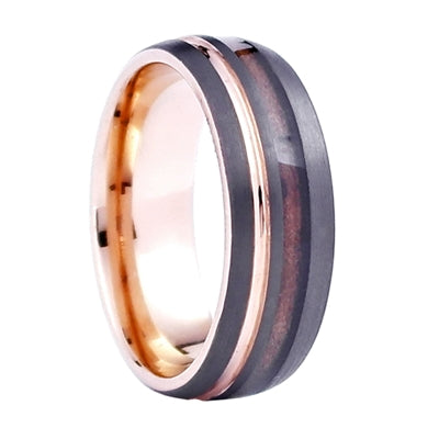 NOBILITY II 8mm Tungsten Carbide / Rose Gold / Whiskey Barrel Ring 180.00