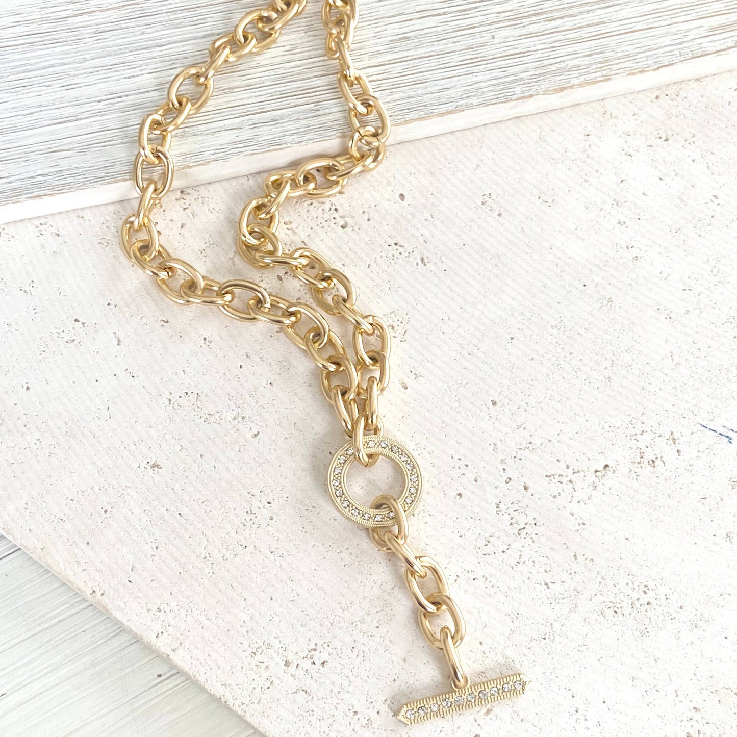 VB&CO Designs Handmade Jewelry - Chunky Y chain matte gold necklace non tarnishing jewerly
