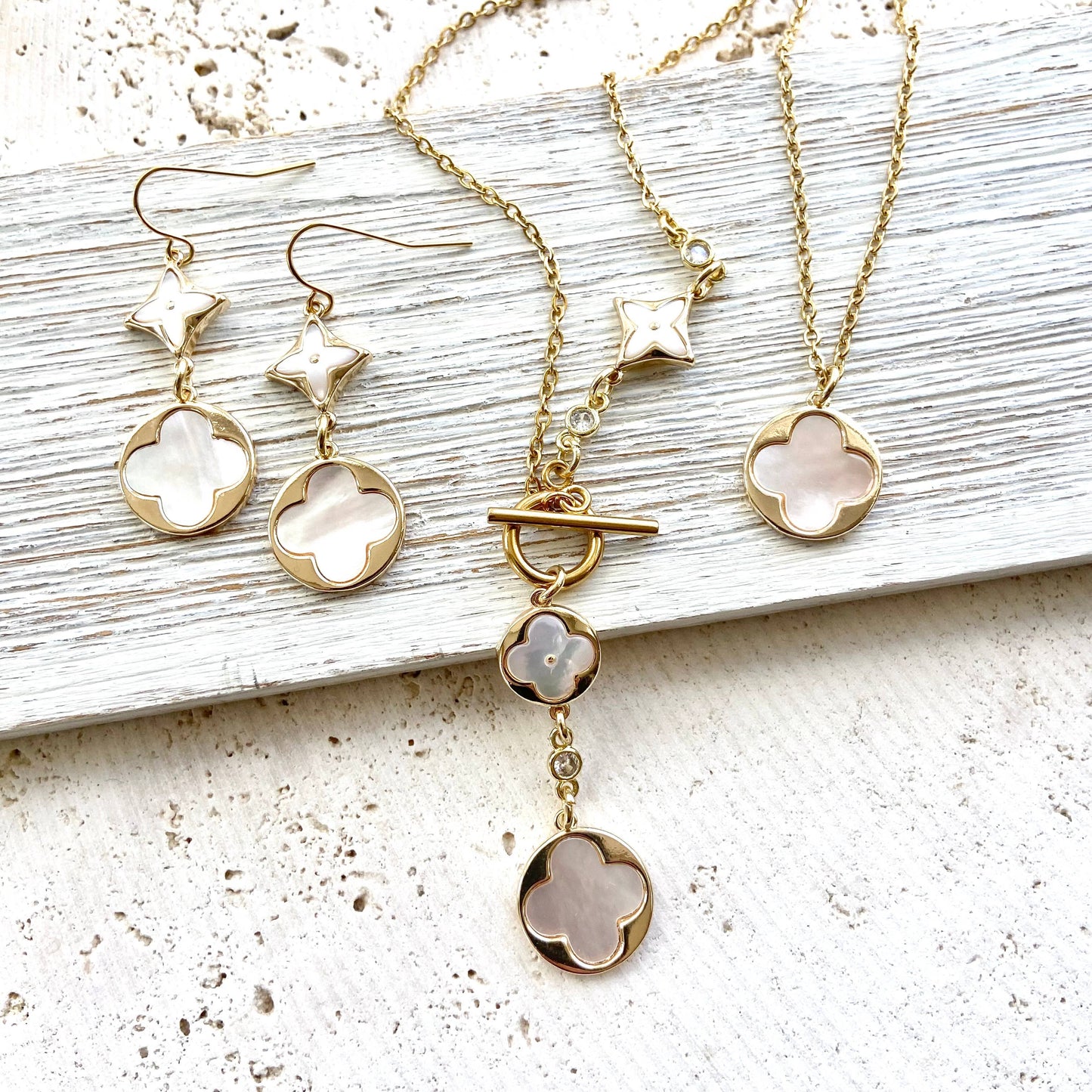 VB&CO Designs Handmade Jewelry - Pearl shell earring clover quatrefoil boutique salon jewelry