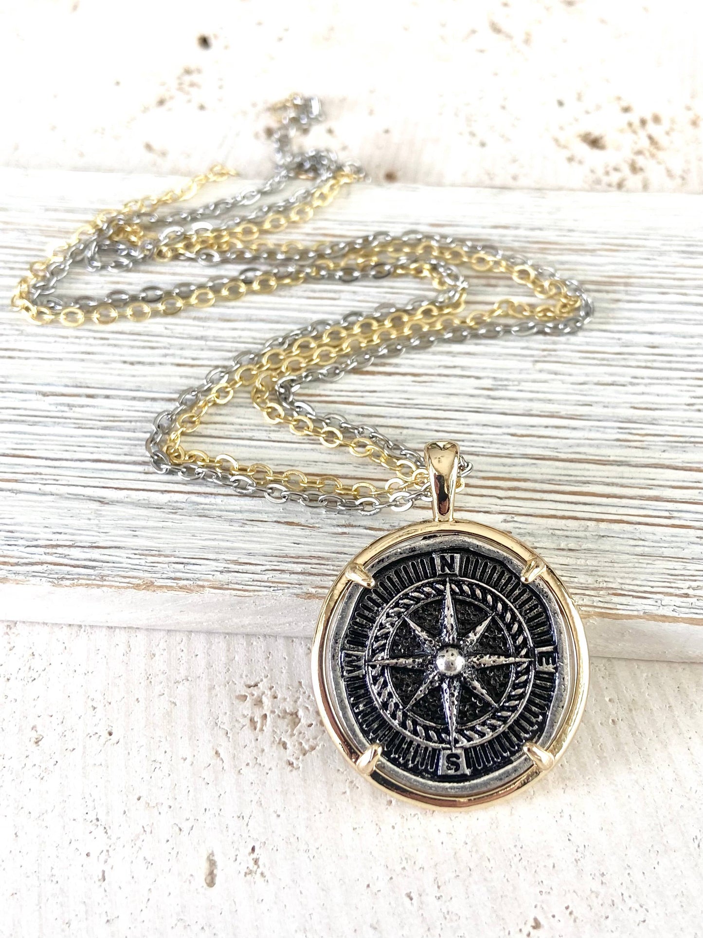 VB&CO Designs Handmade Jewelry - Compass coin necklace travel souvenir non tarnishing jewelry