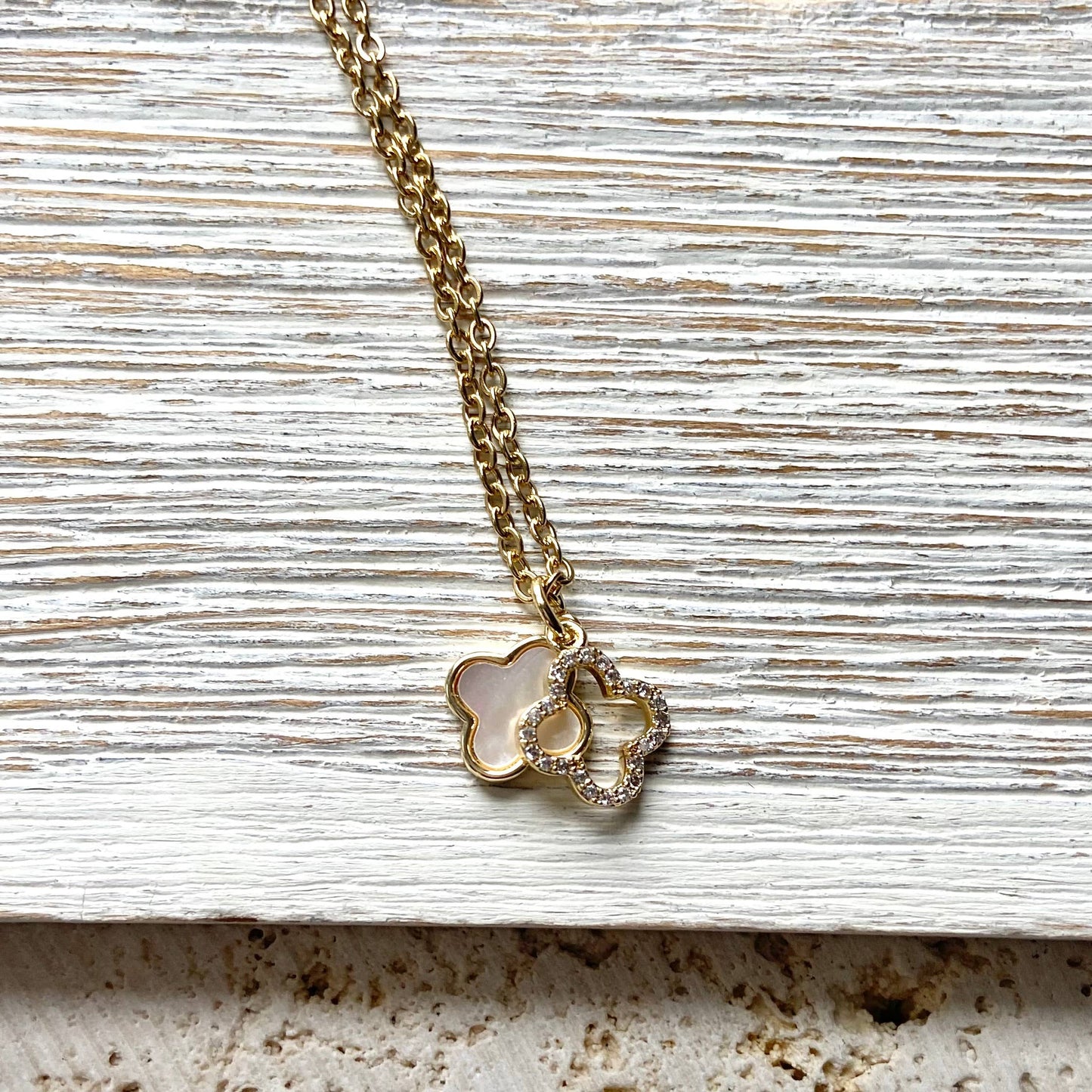VB&CO Designs Handmade Jewelry - Clover charm necklace charm with motion shell crystal: 18”