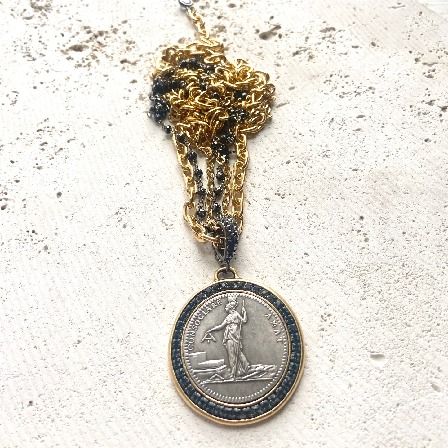VB&CO Designs Handmade Jewelry - French revolutionary coin necklace with black spinel