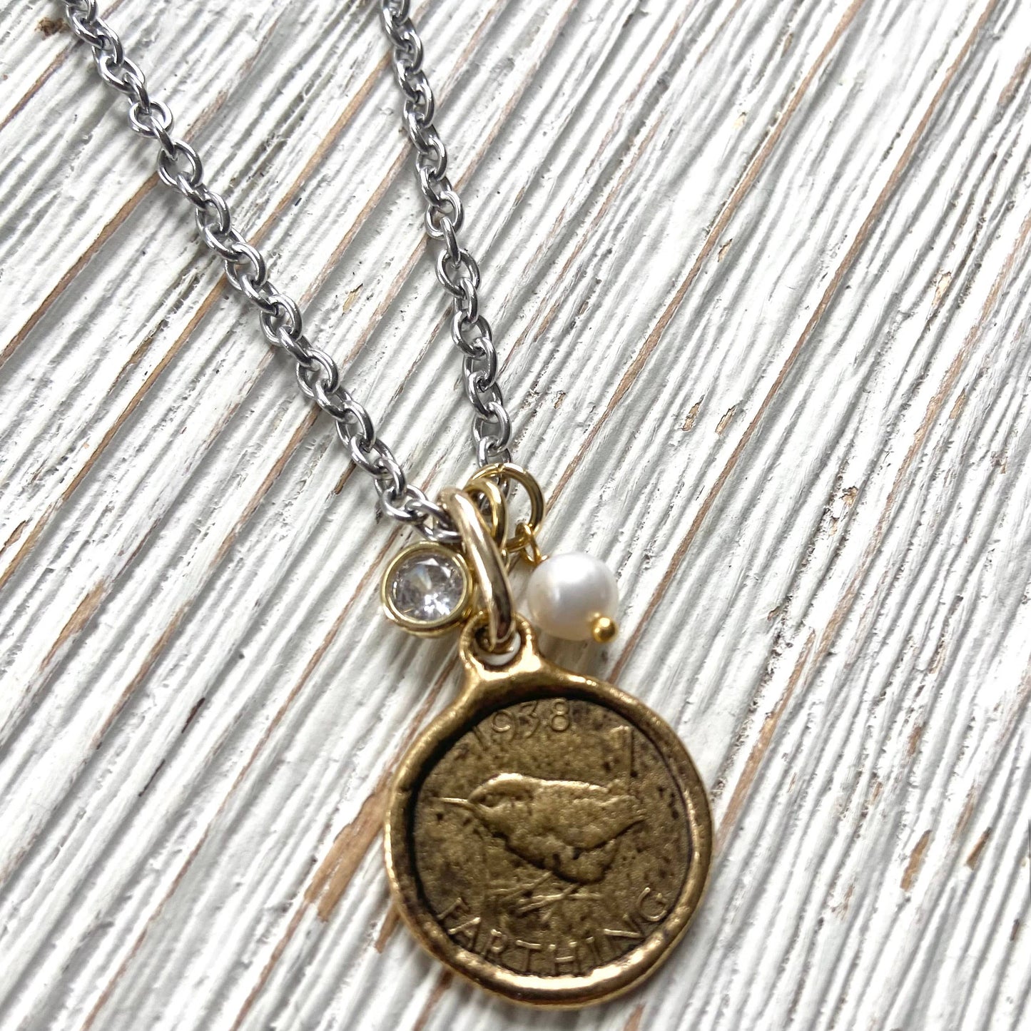 VB&CO Designs Handmade Jewelry - Farthing coin necklace England English royal jewelry bird
