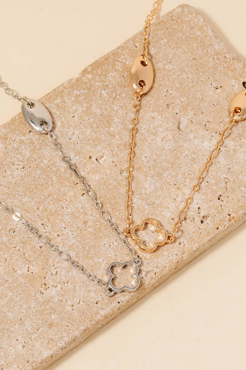 Anarchy Street - Clover And Oval Station Charms Long Chain Necklace Set: GD