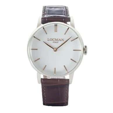 Locman watch with white face stainless steel case brown leather strap on a white background