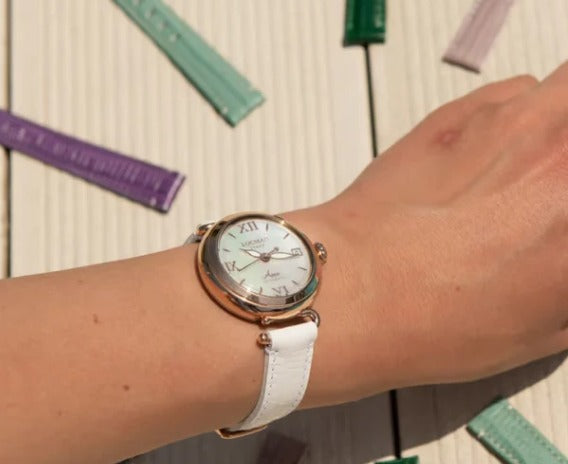 Locman white face watch with rose gold case and white leather strap