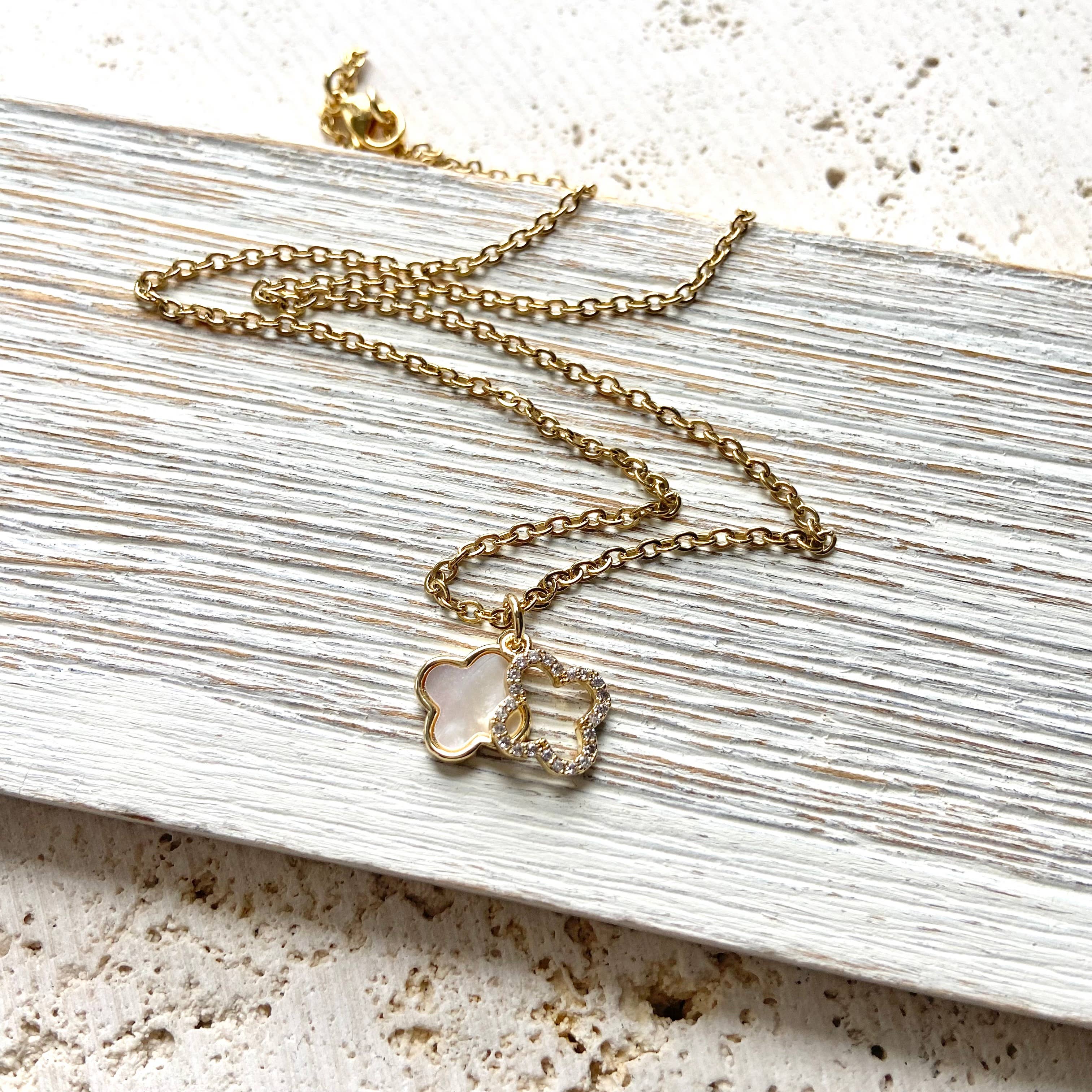 VB&CO Designs Handmade Jewelry - Clover charm necklace charm with motion shell crystal: 18”