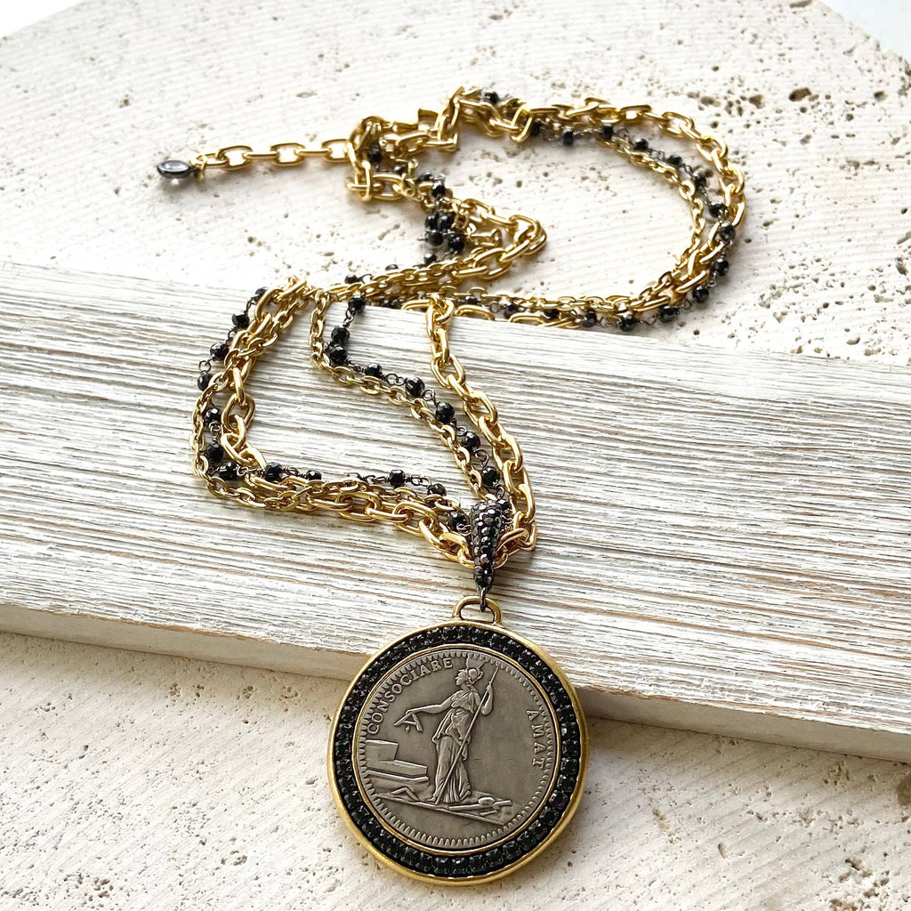 VB&CO Designs Handmade Jewelry - French revolutionary coin necklace with black spinel 