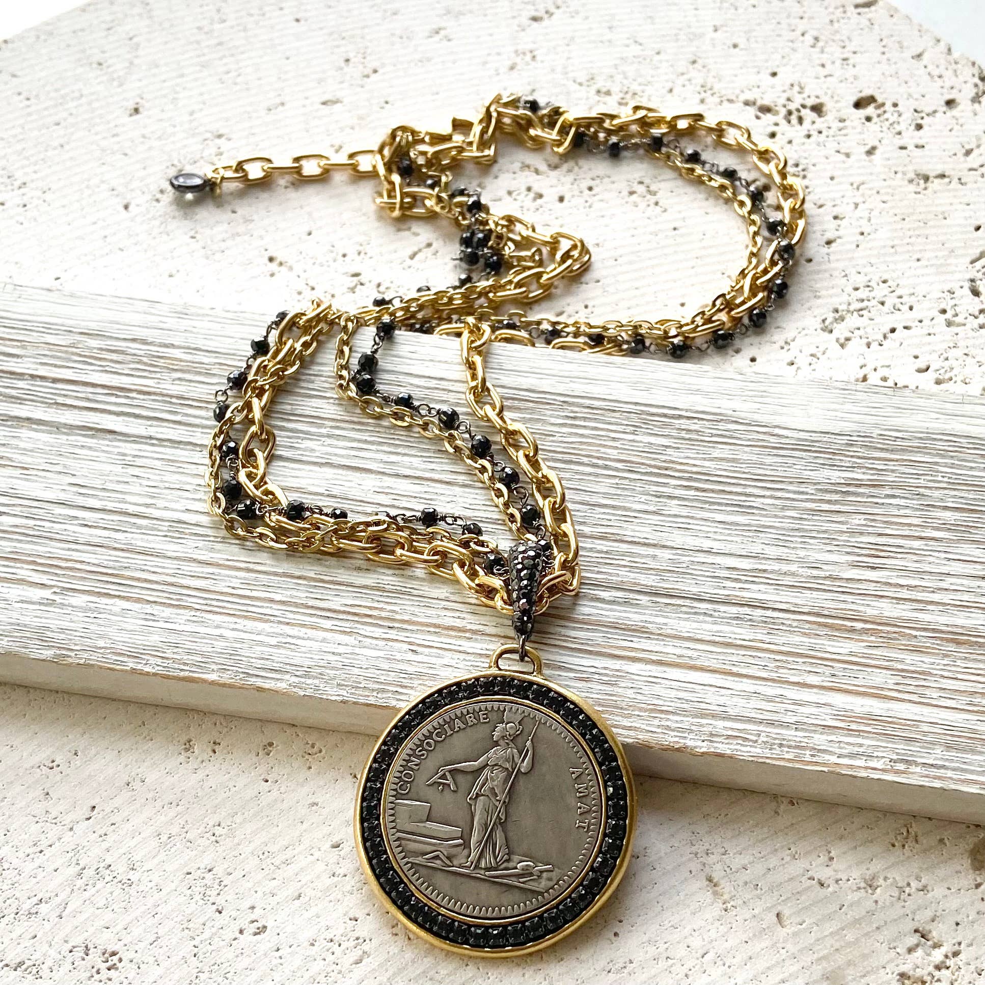 VB&CO Designs Handmade Jewelry - French revolutionary coin necklace with black spinel 