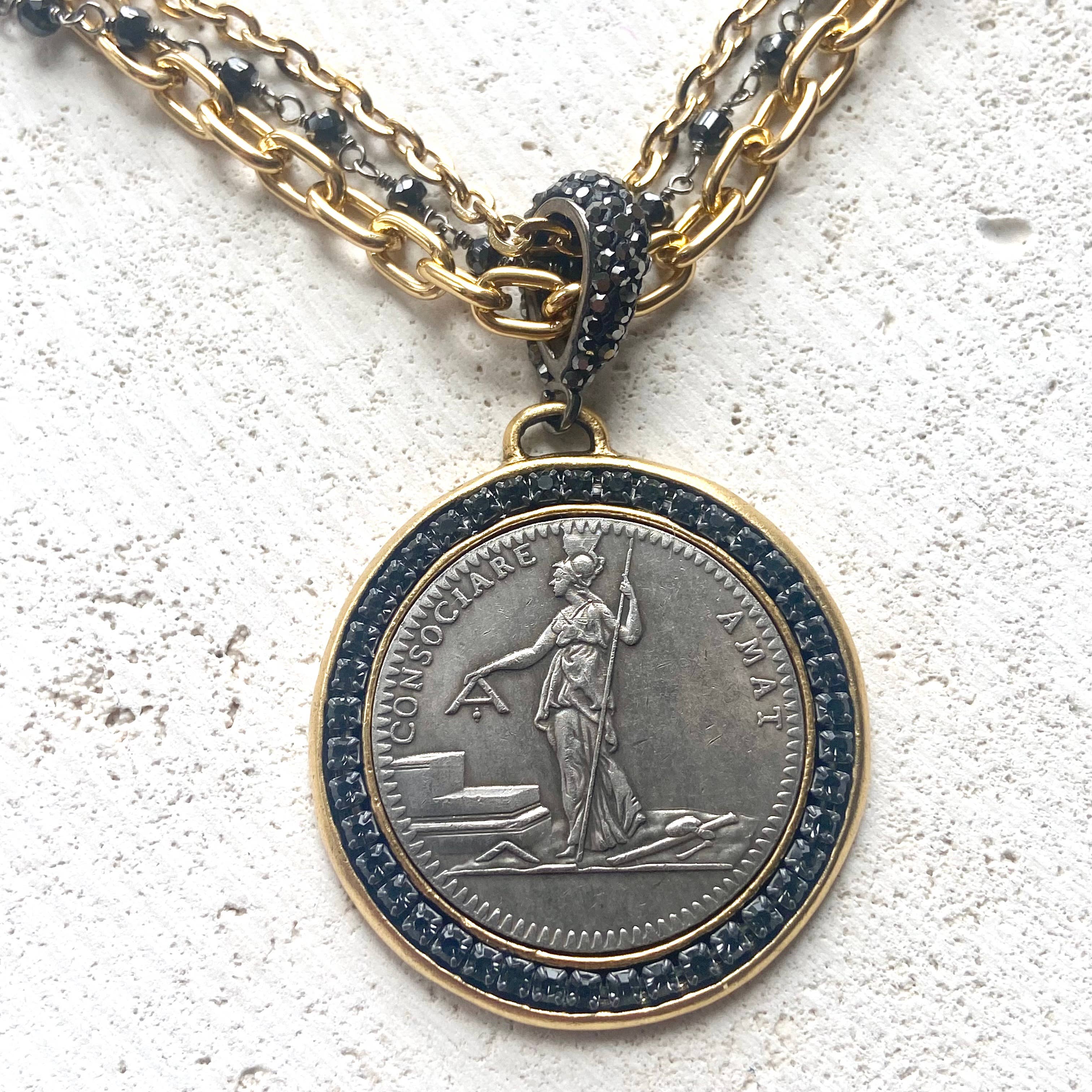 VB&CO Designs Handmade Jewelry - French revolutionary coin necklace with black spinel 