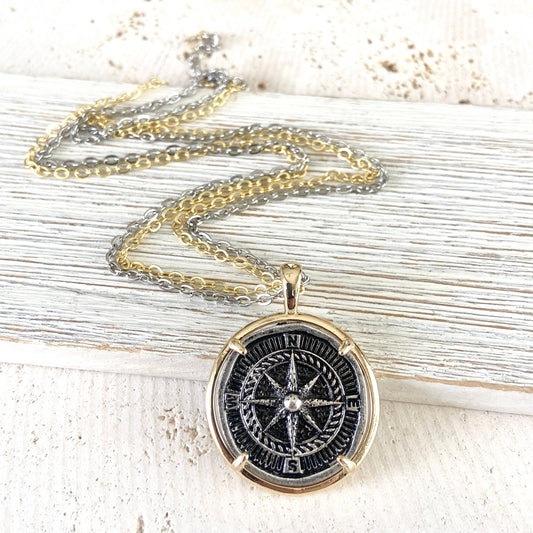 VB&CO Designs Handmade Jewelry - Compass coin necklace travel souvenir non tarnishing jewelry