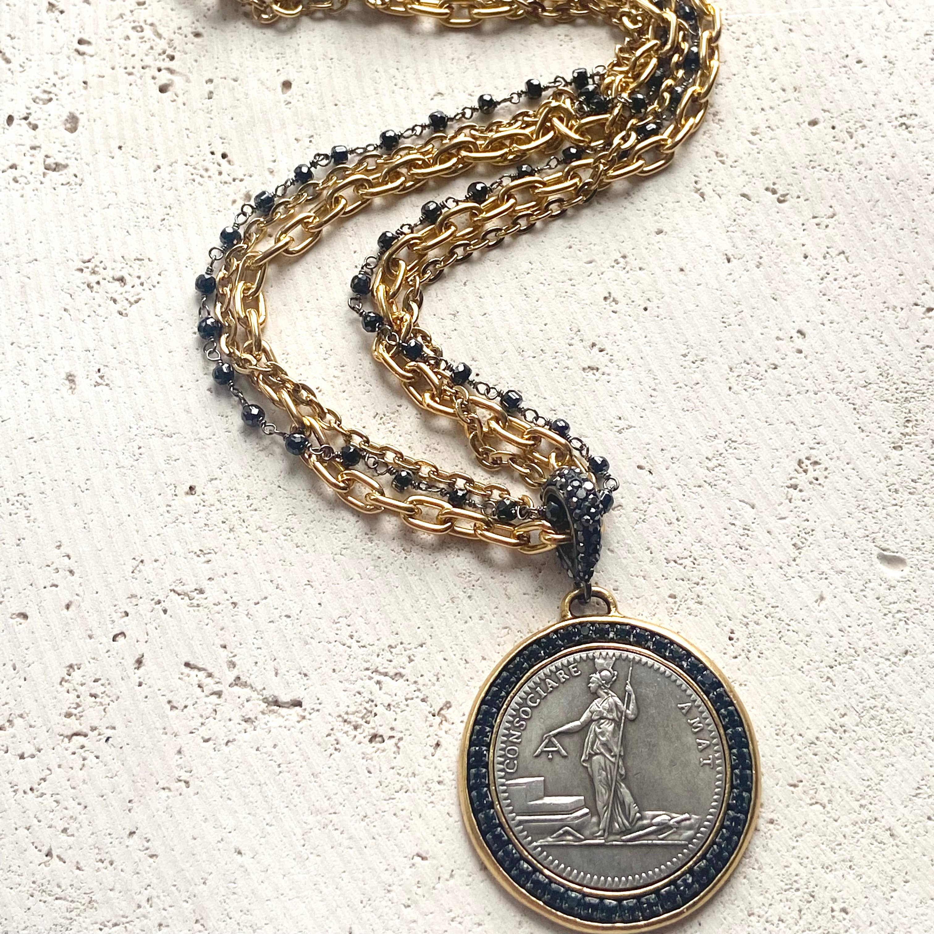 VB&CO Designs Handmade Jewelry - French revolutionary coin necklace with black spinel 