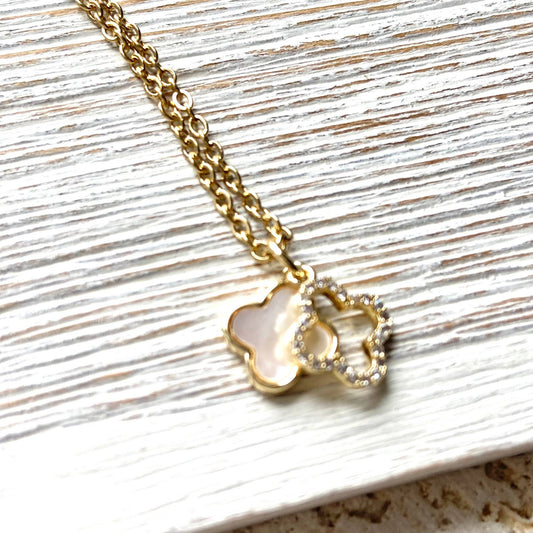 VB&CO Designs Handmade Jewelry - Clover charm necklace charm with motion shell crystal: 18”