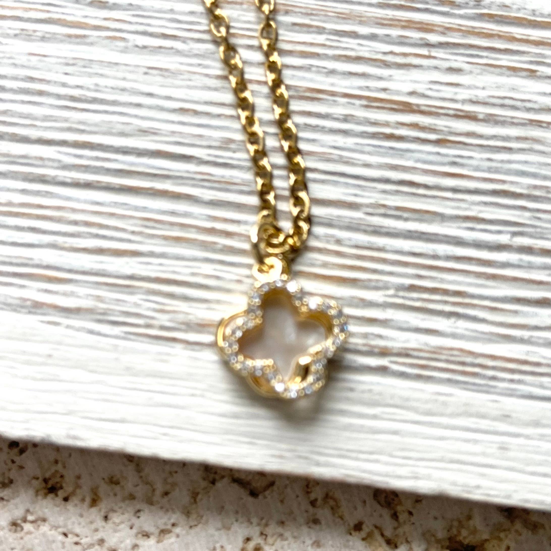 VB&CO Designs Handmade Jewelry - Clover charm necklace charm with motion shell crystal: 18”
