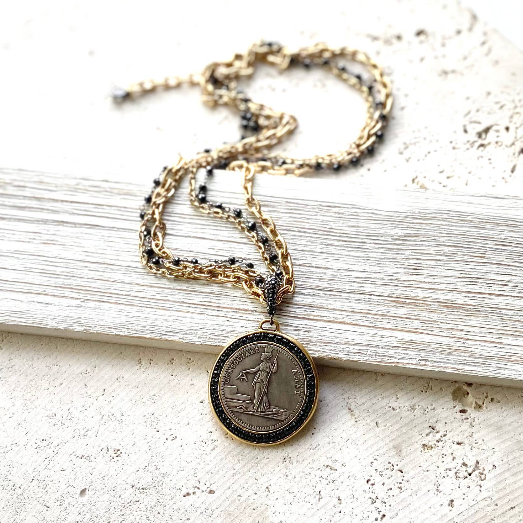 VB&CO Designs Handmade Jewelry - French revolutionary coin necklace with black spinel 