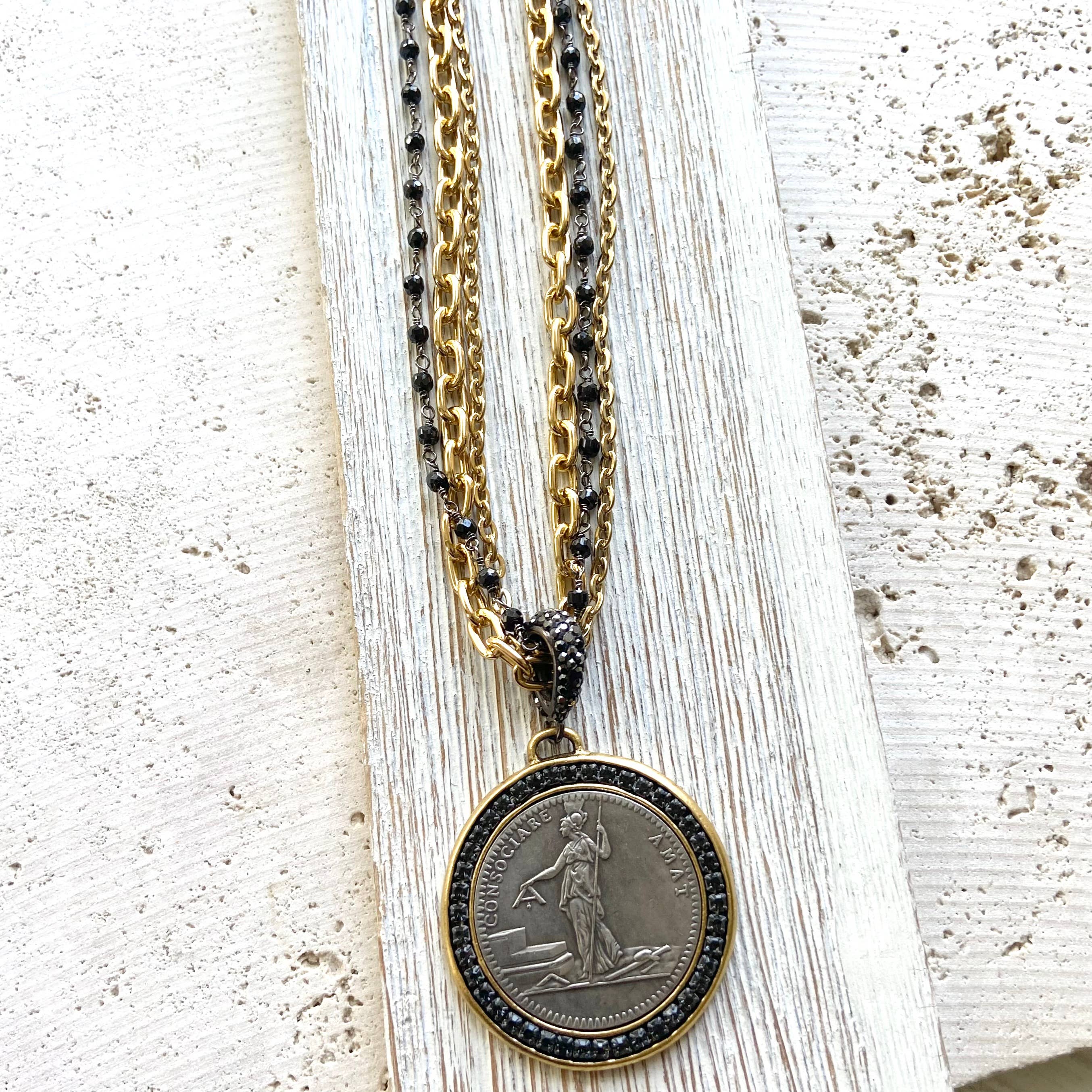 VB&CO Designs Handmade Jewelry - French revolutionary coin necklace with black spinel 