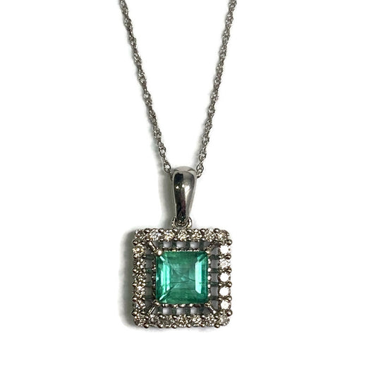 Princess Cut Emerald & Diamond Halo 14KW Gold Necklace 1650.00