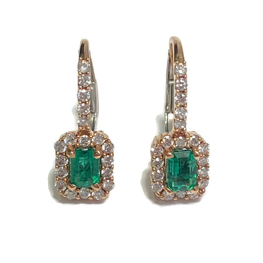 Emerald & Diamond Halo 14KR Gold Leverback Earrings 1950.00