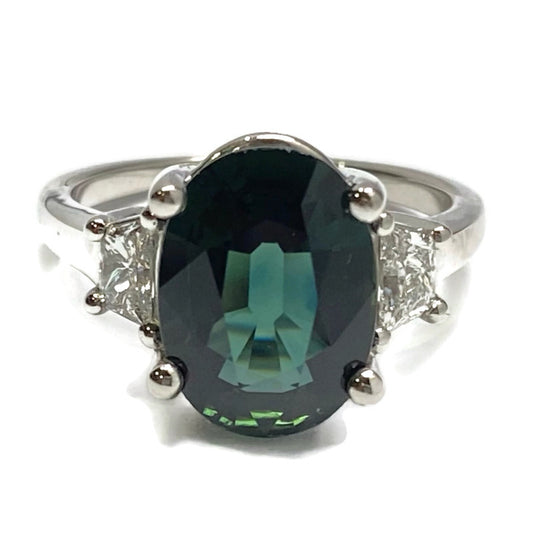 Oval Blue-Green Sapphire and Diamond Platinum Ring 15000.00