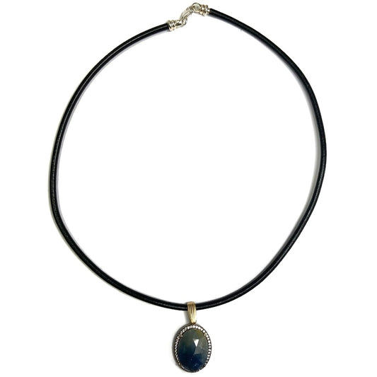 Rose Cut Sapphire, CZ, Silver and Gold Pendant on Leather Cord 345.00