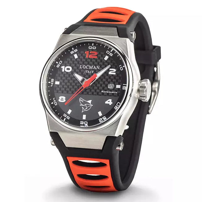 Watch with black and red strap on a white background