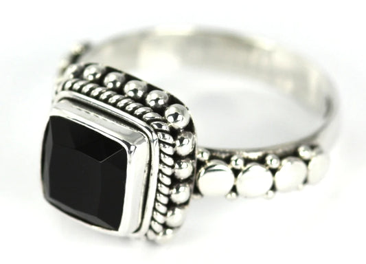 PADMA Sterling Silver Bali Faceted Black Onyx Ring Size 6 90.00