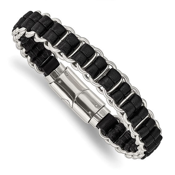 Men's Stainless Steel Polished w/Black Leather Bracelet 89.00