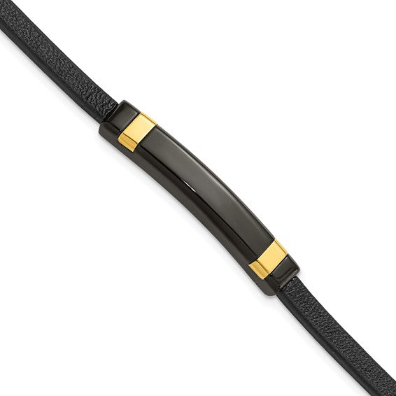 Men's Stainless Steel Black/Yellow IP Black Leather Bracelet 89.00