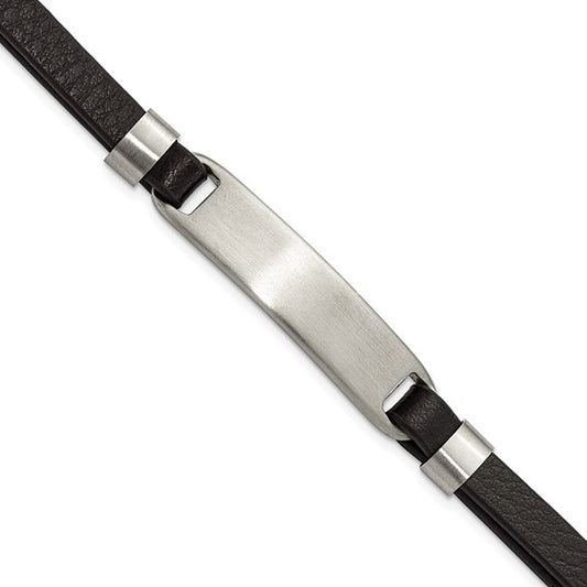 Men's Stainless Steel Brushed Black Leather Bracelet 89.00