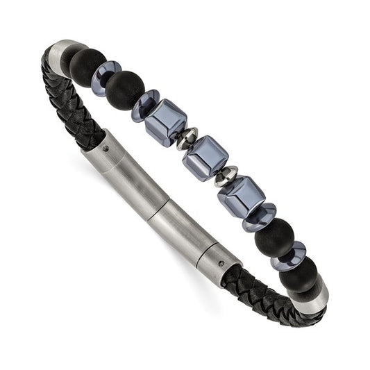 Men's Stainless Steel Brushed Onyx and Hematite Black Leather Bracelet 89.00