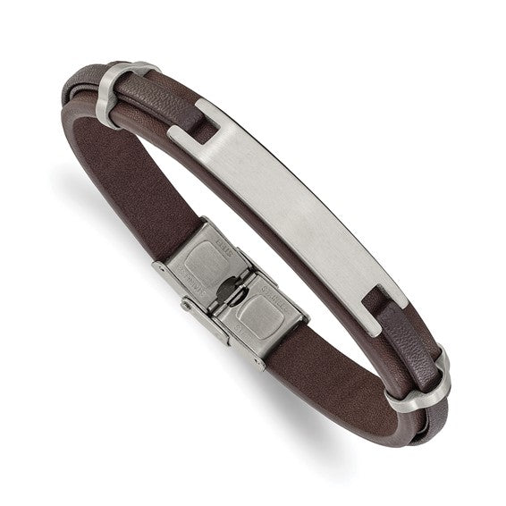 Men's Stainless Steel Brushed Brown Leather ID Bracelet 49.00