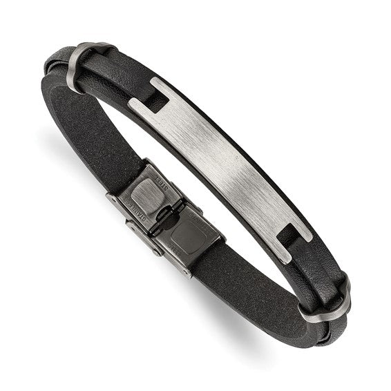 Men's Stainless Steel Brushed Black Leather ID Bracelet 49.00