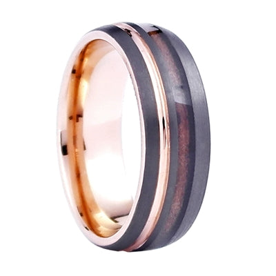 NOBILITY II 8mm Tungsten Carbide / Rose Gold / Whiskey Barrel Ring 420.00