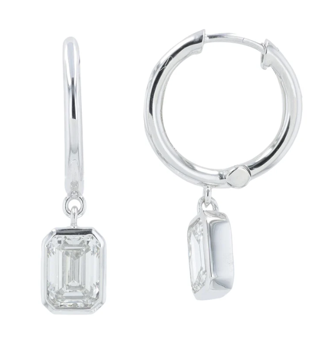 14K White Gold Lab Grown Single Emerald Dangle Hoop 2200.00