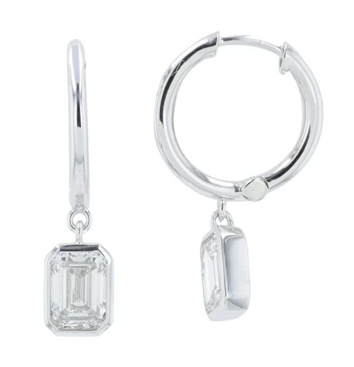 14K White Gold Lab Grown Single Emerald Dangle Hoop 2200.00