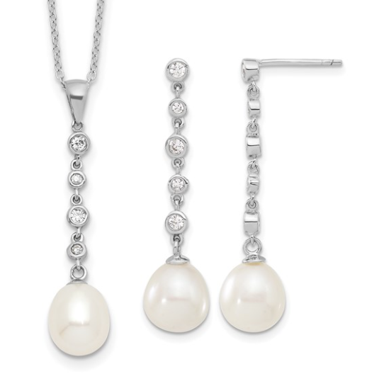 Freshwater Cultured Pearl and CZ Earring and Necklace