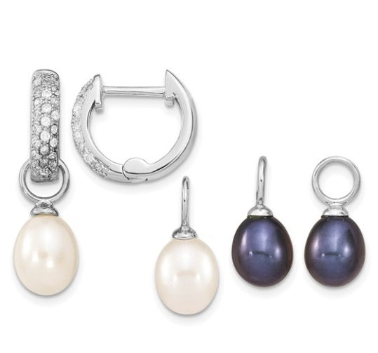 Freshwater Cultured Pearl and CZ Silver Drop Earrings SET $350